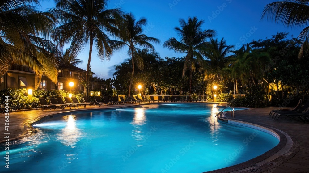 Elegant pool area surrounded by palm trees, luxury home, twilight ambiance Elegant pool area surrounded by palm trees, luxury home, twilight ambiance