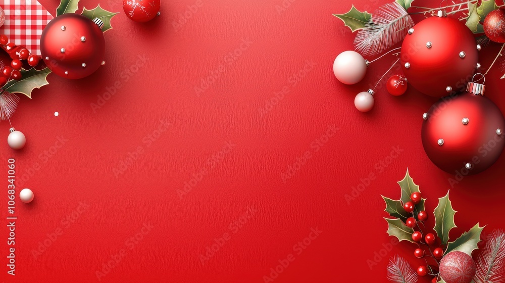 A cute red Christmas backdrop adorned with classic patterns such as plaid and polka dots, beautifully decorated with festive elements like ornaments and holly leaves, perfect for holiday designs. A cute red Christmas backdrop adorned with classic patterns such as plaid and polka dots, beautifully decorated with festive elements like ornaments and holly leaves, perfect for holiday designs.
