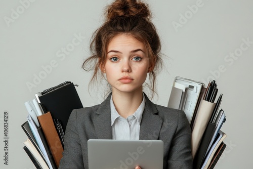 Female secretary in business suit annoyance or busy of work.  photo