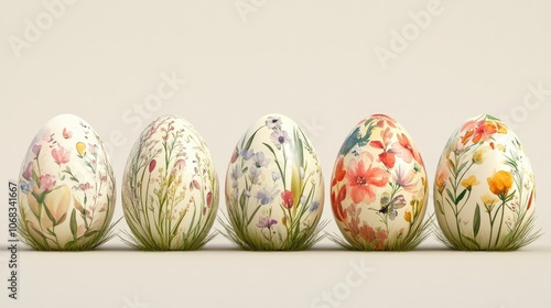 Colorful Floral Easter Eggs Displayed on Soft Background