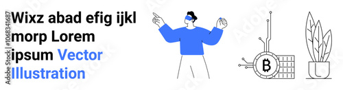 Person using virtual reality headset, Bitcoin technology graphics, and a potted plant. Ideal for tech presentations, finance blogs, VR games, cryptocurrency tutorials, tech landing pages, educational