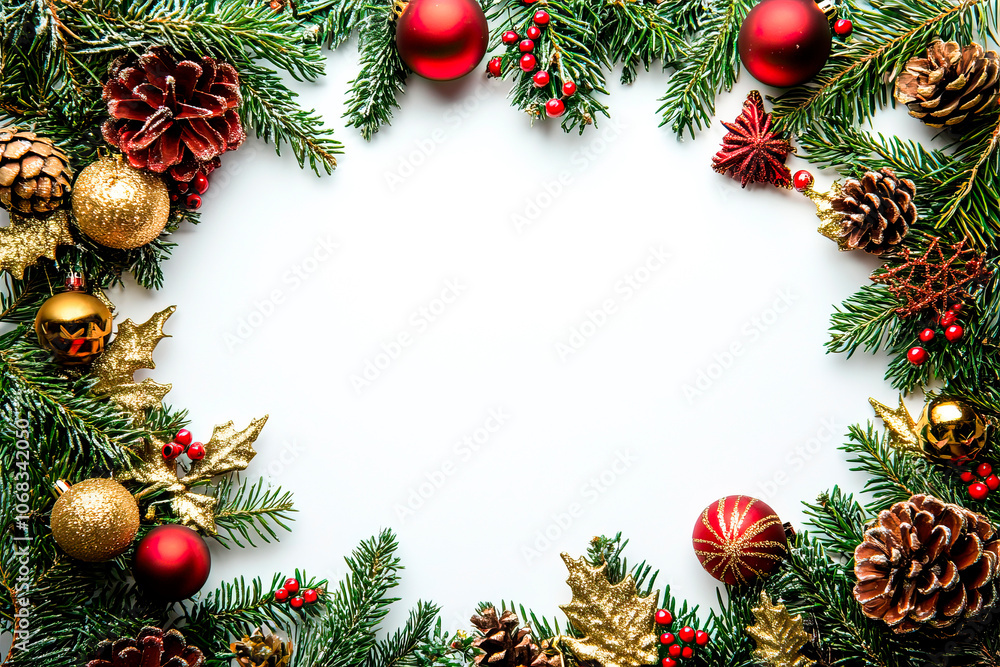 Christmas frame with fir tree, red and gold balls, berries and pine cones on a white background Christmas frame with fir tree, red and gold balls, berries and pine cones on a white background