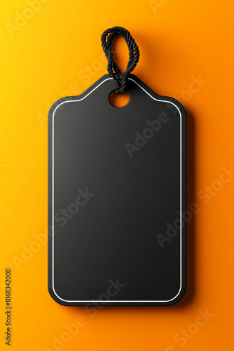 A blank black price tag on a string contrasts against a bright orange backdrop, symbolizing shopping and discounts during the Black Friday period photo