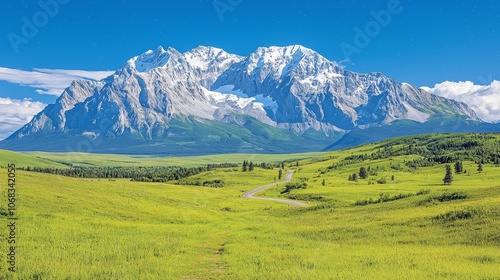 Majestic mountain range with lush green fields and a winding road.