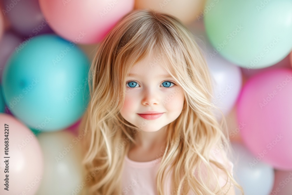The little girl soft smile and blue eyes shine, set against pastel balloons for a joyful, charming portrait style. The little girl soft smile and blue eyes shine, set against pastel balloons for a joyful, charming portrait style.