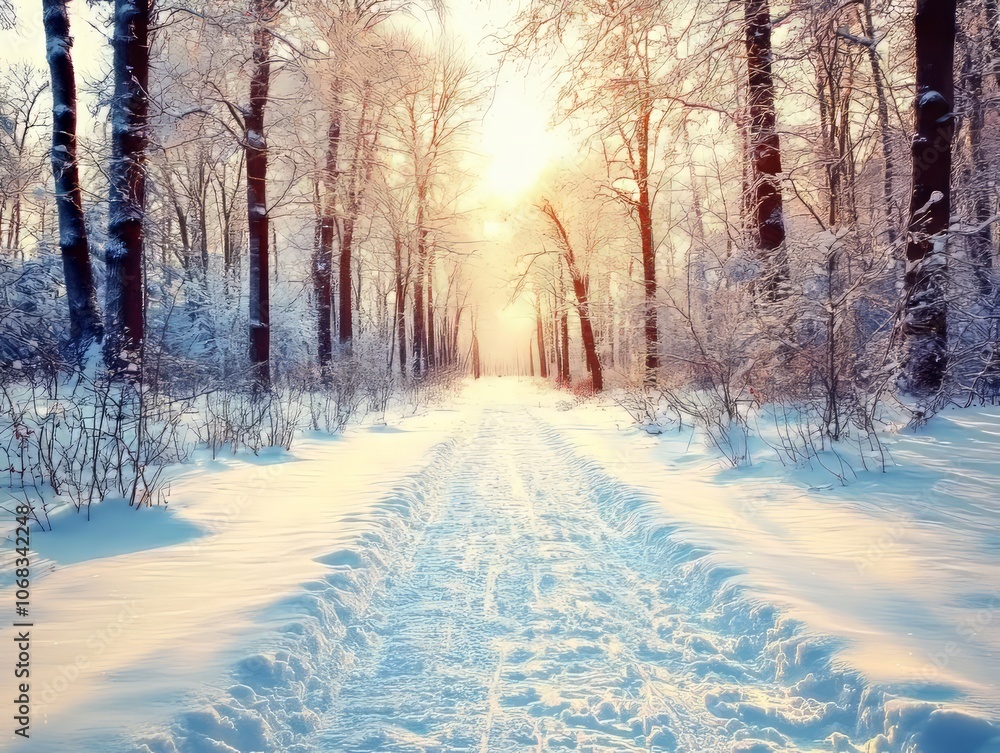 Naklejka premium Snow-covered path through a serene winter forest at sunrise.