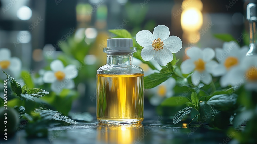 A small glass bottle of essential oil surrounded by white flowers and green leaves. A small glass bottle of essential oil surrounded by white flowers and green leaves.