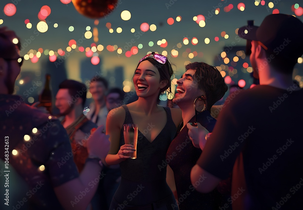 A Medium shot Close up Happy friends celebrating together with rooftop party image A Medium shot Close up Happy friends celebrating together with rooftop party image