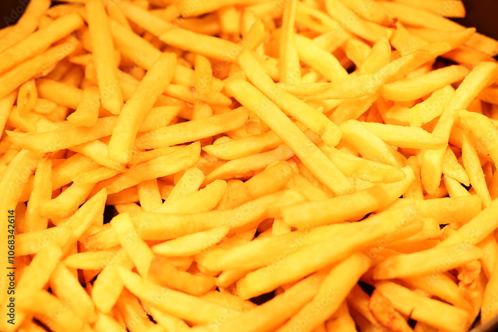 A delightful pile of golden, crispy French fries is now ready to be enjoyed with your favorite dip or delicious sauce A delightful pile of golden, crispy French fries is now ready to be enjoyed with your favorite dip or delicious sauce