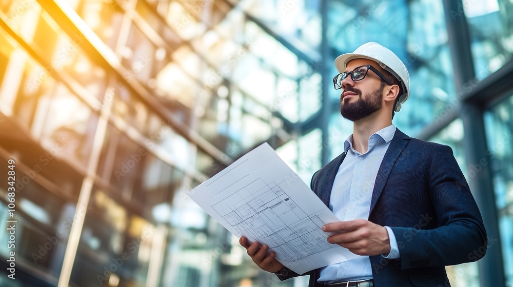 A project manager with a white helmet, holding blueprints and examining a construction project, with the building structure behind, architect, career, industry, job, working A project manager with a white helmet, holding blueprints and examining a construction project, with the building structure behind, architect, career, industry, job, working