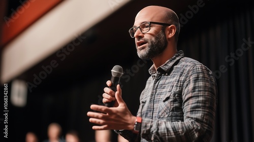 A professional bald man standing on a stage with a microphone hand gesture, public speaking, ted talk speech confident