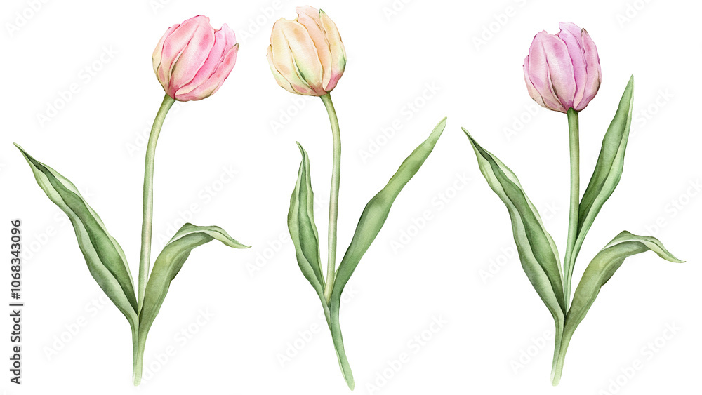 Set of pastel pink light yellow close bud Tulip watercolor illustration isolated on background. Hand drawn delicate garden spring perennial bulbous flower for spring summer wedding design or card. Set of pastel pink light yellow close bud Tulip watercolor illustration isolated on background. Hand drawn delicate garden spring perennial bulbous flower for spring summer wedding design or card.