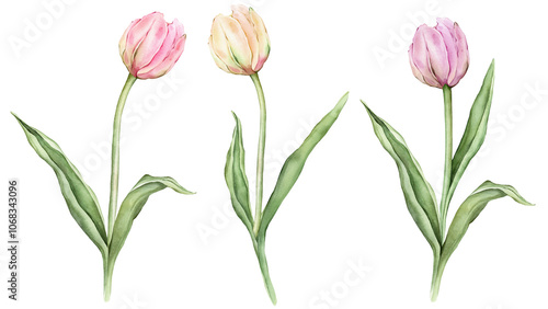Wallpaper Mural Set of pastel pink light yellow close bud Tulip watercolor illustration isolated on background. Hand drawn delicate garden spring perennial bulbous flower for spring summer wedding design or card. Torontodigital.ca