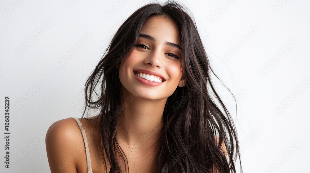 Cheerful Young Woman with Long Hair Smiling Brightly Cheerful Young Woman with Long Hair Smiling Brightly