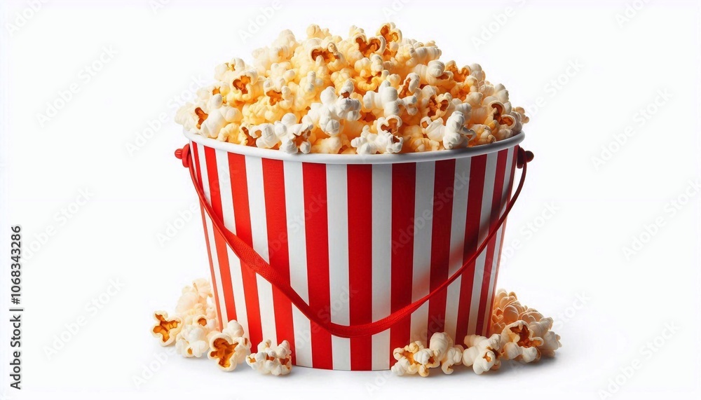 Popcorn in striped bucket isolated on white background Popcorn in striped bucket isolated on white background