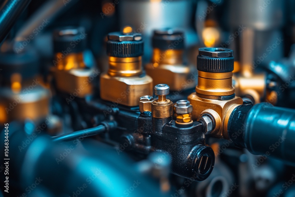Close-up of gold and black industrial valves on a mechanical system. Close-up of gold and black industrial valves on a mechanical system.