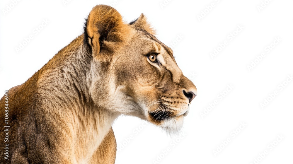 Fototapeta premium Majestic Lioness in Profile Against White Background