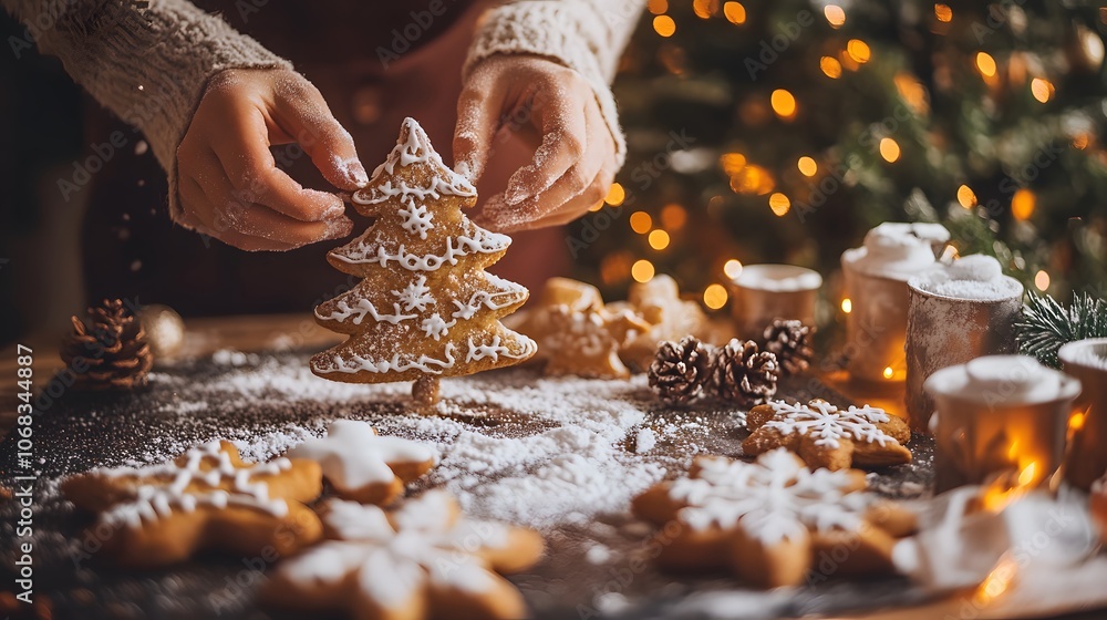 Hands decorating a gingerbread Christmas tree with icing and snow on a cozy table. Hands decorating a gingerbread Christmas tree with icing and snow on a cozy table.