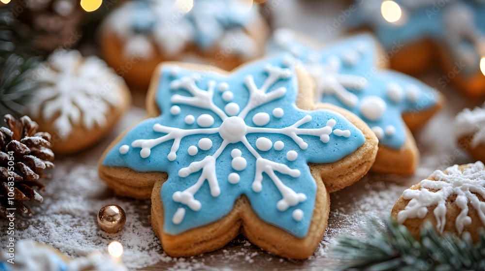 Delicious blue snowflake cookies decorated for the winter season. Delicious blue snowflake cookies decorated for the winter season.