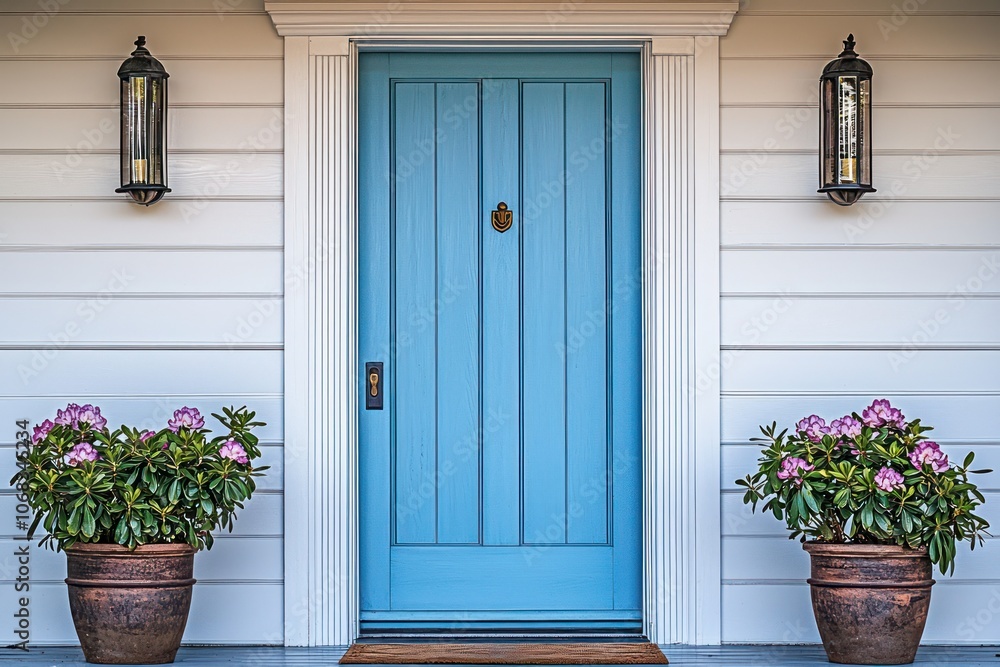Fototapeta premium Stylish home entry with a sky-blue door and decorative potted plants.