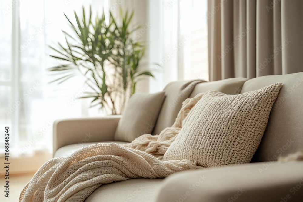 Cozy living room sofa with knitted throw blanket and pillows, natural light. Cozy living room sofa with knitted throw blanket and pillows, natural light.