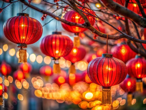 Vibrant Red Lanterns Adorning a Tree Branch in a Tilt-Shift Photography Style, Capturing the Essence of Celebration and Cultural Festivities