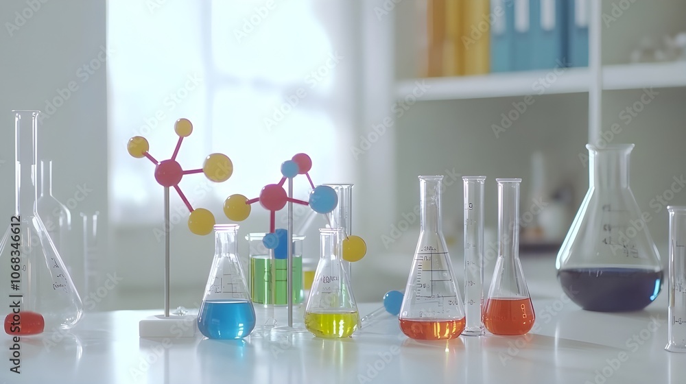 Close-Up of Scientific Beakers with Molecular Structure. Close-Up of Scientific Beakers with Molecular Structure.
