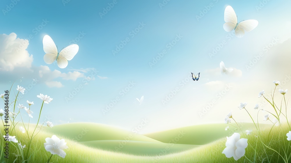 Obraz premium A picturesque anime nature background showcasing a tranquil meadow with butterflies and birds, perfect for crafting serene visuals for invitations or branding.