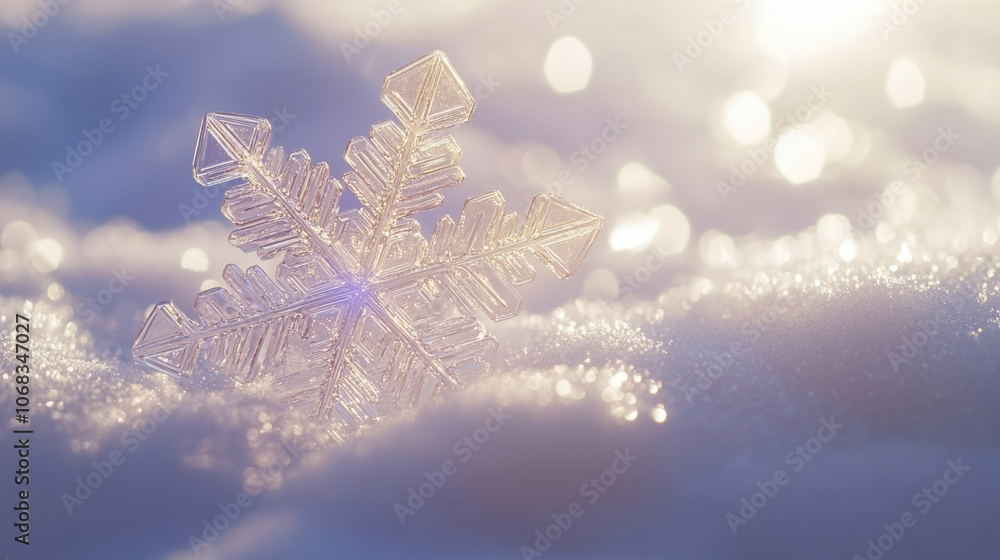 Delicate crystal snowflake on sparkling winter snow at sunrise Delicate crystal snowflake on sparkling winter snow at sunrise