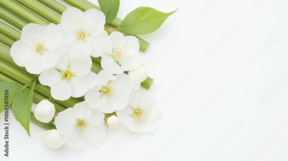 White Blossoms and Green Stems on Minimalist Background White Blossoms and Green Stems on Minimalist Background