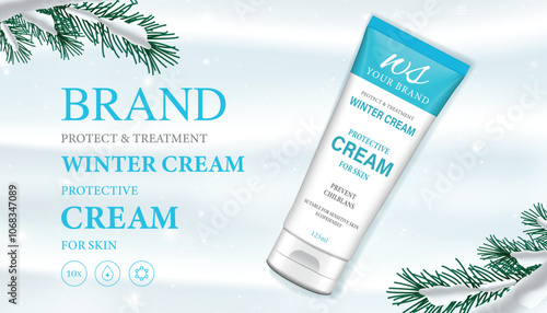 Winter cosmetic ad banner template. Top view on tube and bottle of winter cream and serums on snow. Vector 3d ad illustration for promotion of goods and cosmetic.