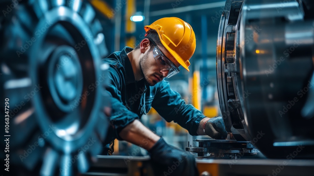 Focused Worker Wearing Safety Gear Carefully Examining Industrial Machinery in a Modern Factory Setting, Demonstrating Precision and Expertise in Manufacturing Focused Worker Wearing Safety Gear Carefully Examining Industrial Machinery in a Modern Factory Setting, Demonstrating Precision and Expertise in Manufacturing
