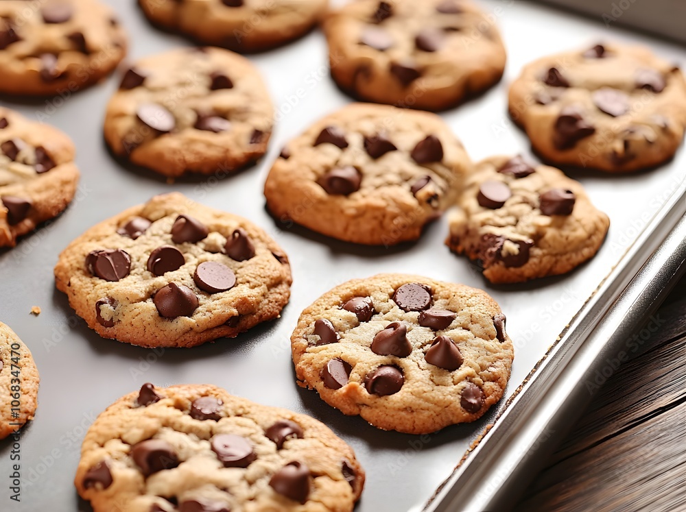 Freshly baked chocolate chip cookies on a baking tray. Freshly baked chocolate chip cookies on a baking tray.