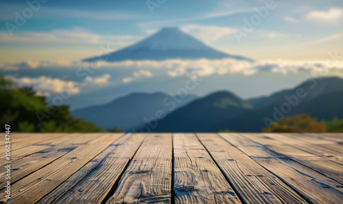 The empty wooden table top with blur background of Mount Fuji. Exuberant image