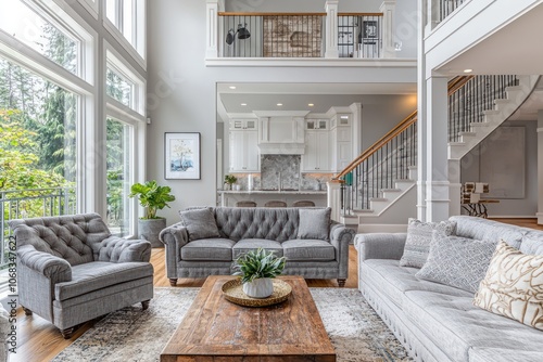 HDR photography showcasing an elegant home with soft gray decor in the Pacific Northwest.