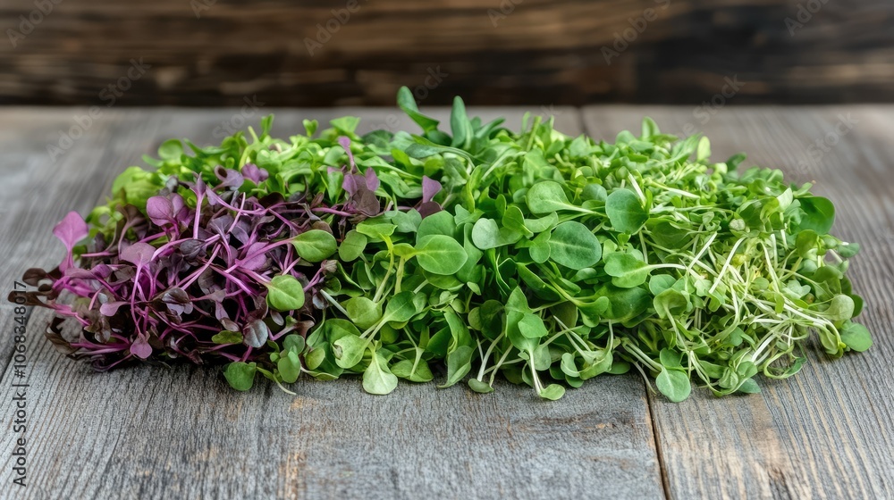 Fresh Microgreens on Wooden Table Surface Fresh Microgreens on Wooden Table Surface