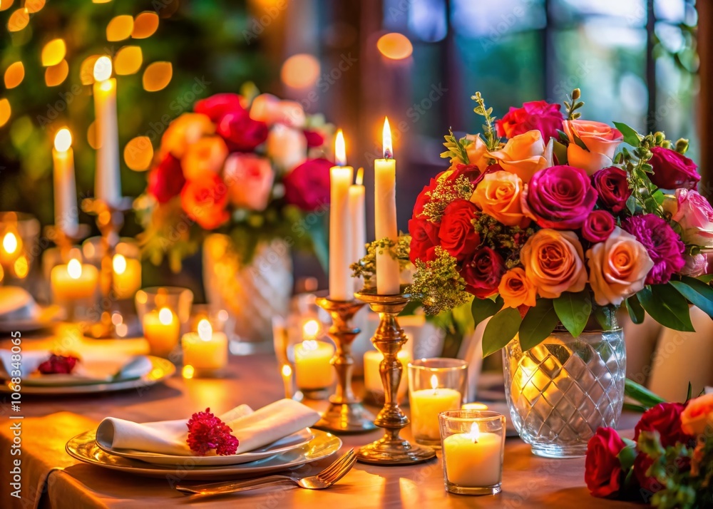 Elegant Bride and Groom Table Decorated with Roses and Candles in a Festive Restaurant Setting for a Memorable Banquet Celebration Elegant Bride and Groom Table Decorated with Roses and Candles in a Festive Restaurant Setting for a Memorable Banquet Celebration