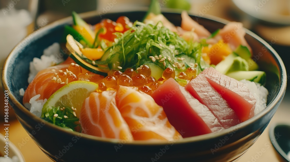 A bowl of chirashi, sushi rice topped with assorted sashimi, pickles, and vegetables.
A bowl of chirashi, sushi rice topped with assorted sashimi, pickles, and vegetables.