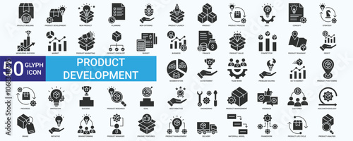 Product development icon set with product,  strategy, market, business, planning,  profit, progress, goal, brainstorming and  customer