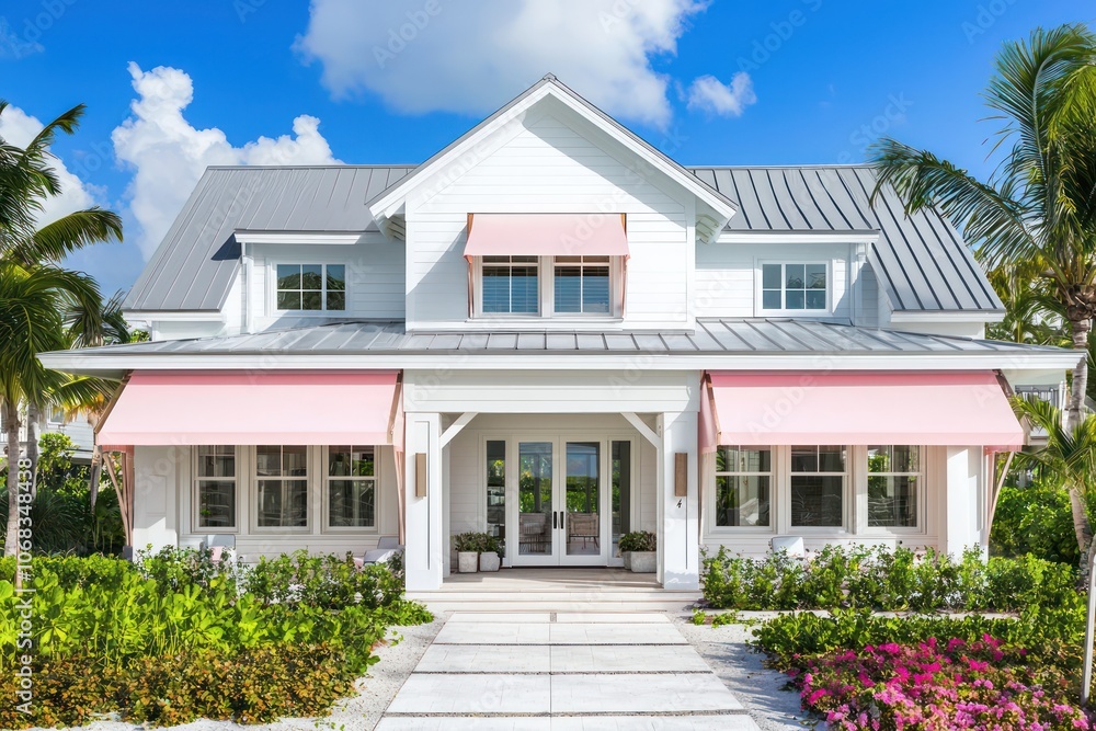 White modern home in beach city, gray roof and soft pink awning in view. White modern home in beach city, gray roof and soft pink awning in view.