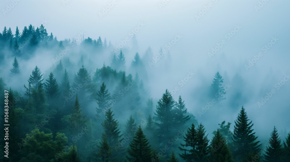 Fototapeta premium Misty morning in a dense forest where towering pine trees stand shrouded in fog, creating an ethereal atmosphere at dawn