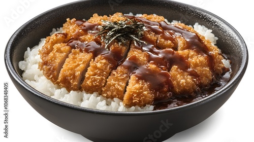 A bowl of katsu curry, crispy breaded pork cutlet served over rice with a rich Japanese curry sauce.