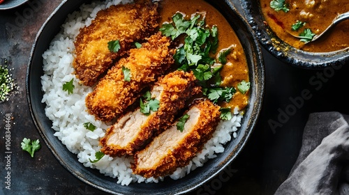 A bowl of katsu curry, crispy breaded pork cutlet served over rice with a rich Japanese curry sauce.