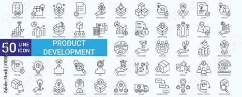 Product development icon set with product,  strategy, market, business, planning,  profit, progress, goal, brainstorming and  customer