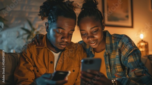 Couple enjoying a cozy evening together while exploring their cell phones in warm indoor lighting