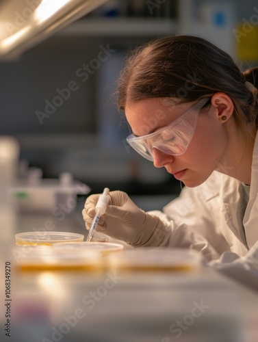 Vertical shot of microbiology scientist wearing magnifying glasses working with pipette while studying microscopic organisms in petri dish at workstation in laboratory 
