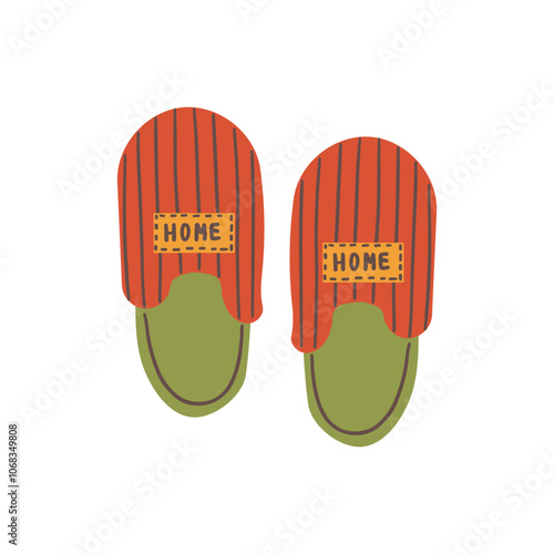 Cozy domestic slippers. Home soft and comfy footwear, fluffy slippers, flip flops and male and female textile house shoes flat vector illustration . Indoor footwear collection isolate on white .