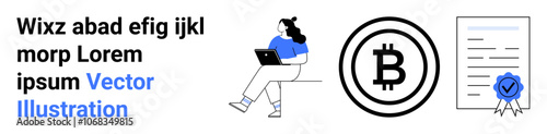 Woman sitting with laptop, Bitcoin symbol, certificate with seal, and sample text block. Ideal for cryptocurrency, digital finance, online education, blockchain technology, certifications, digital