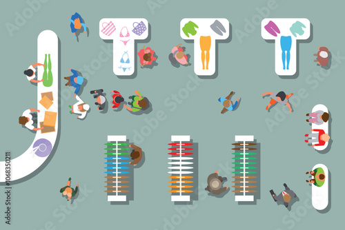 Top view of a clothing store, counters, hangers, tables, sellers, buyers. View from above.