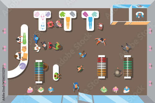 Top view of a clothing store, counters, hangers, tables, fitting rooms, sellers, buyers. View from above.